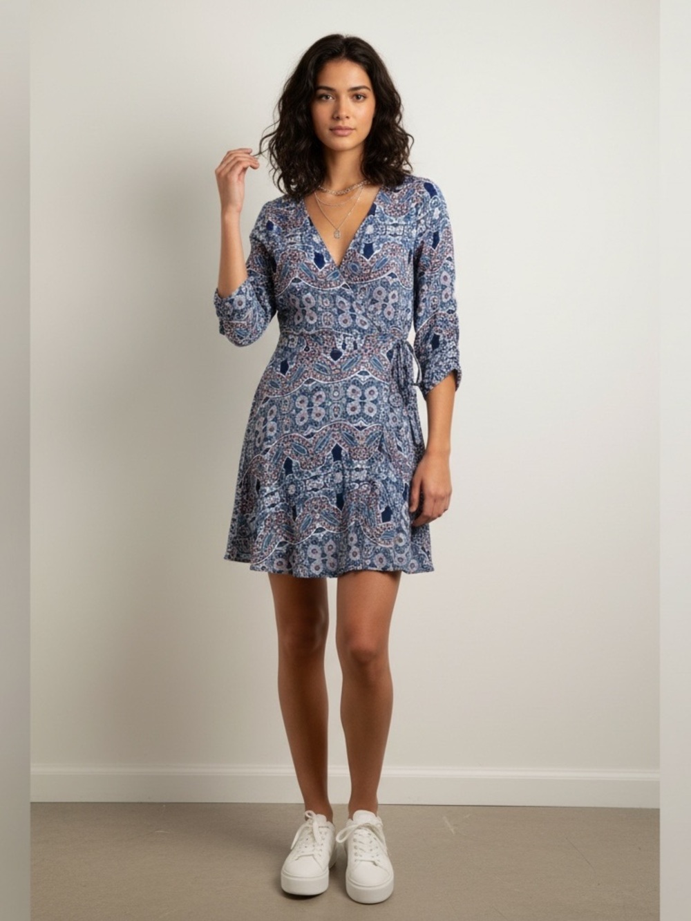 🌟Express Blue Paisley Wrap Bishop Sleeves Women Mini Dress Size M - NWT! - Picture 2 of 6